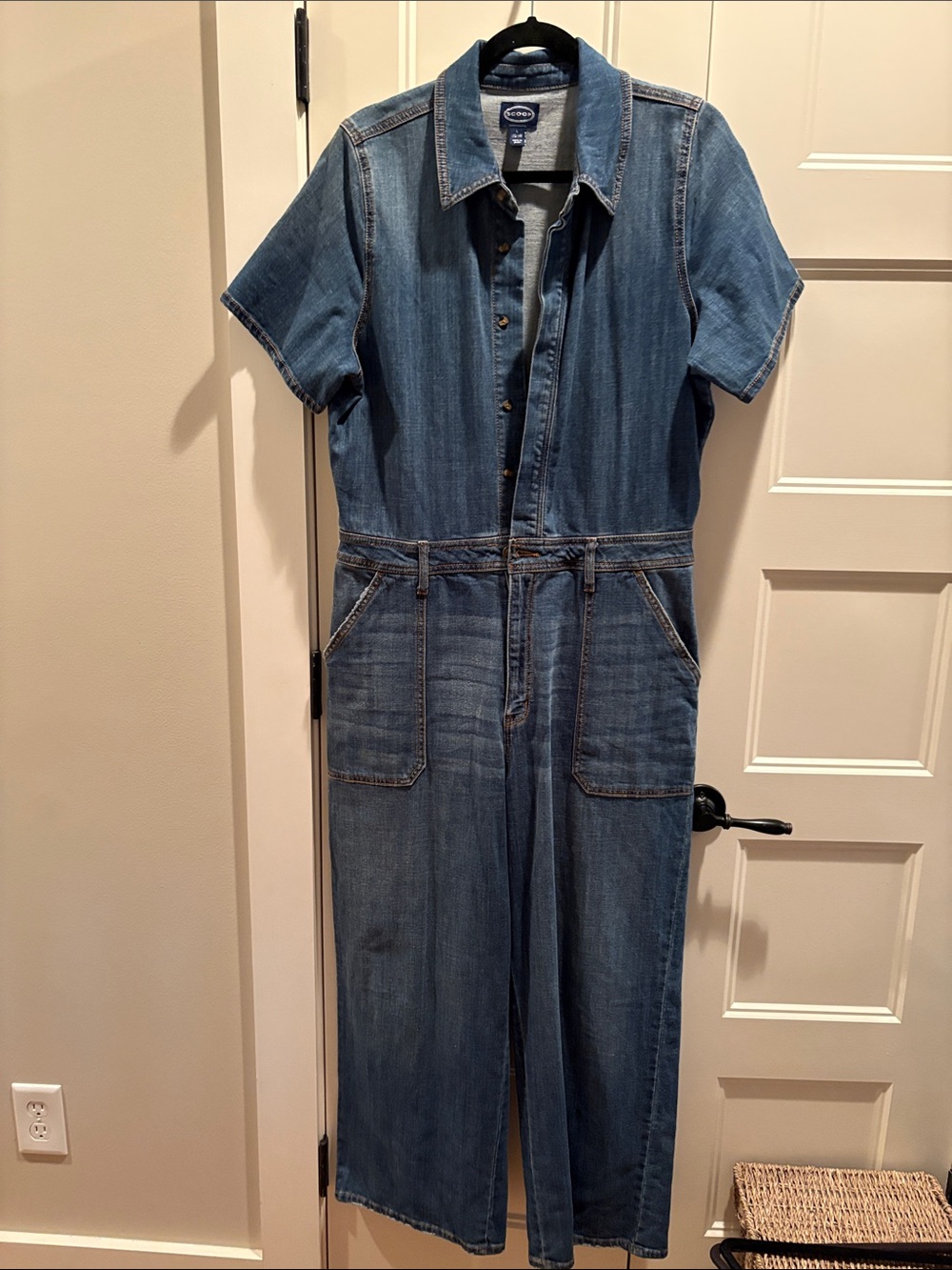 Scoop Short-Sleeve Denim Overalls - Medium Blue